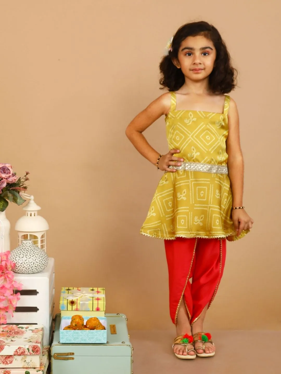 Yellow Pink Bandhani with Tulip Pants for Girls