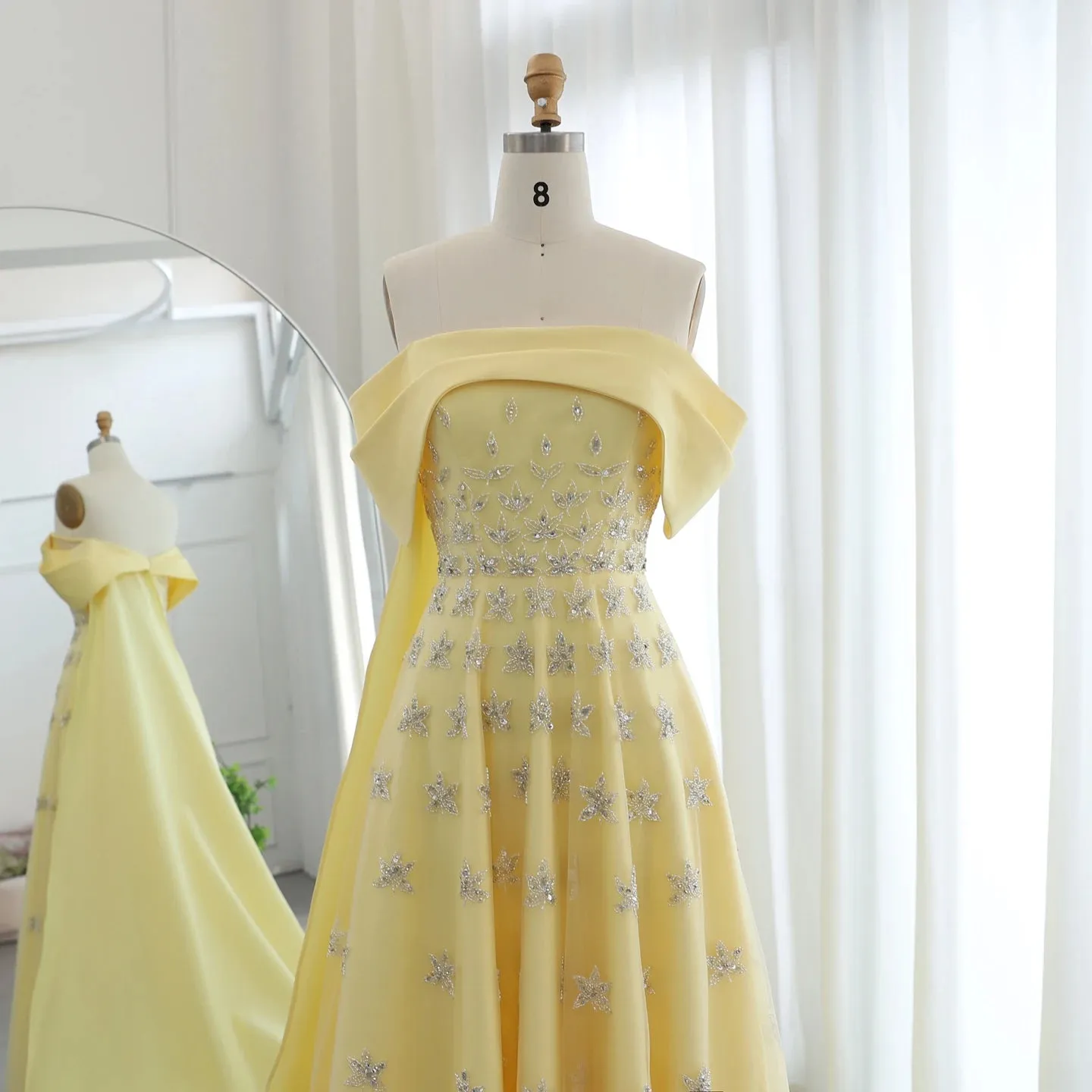 Yellow Satin Evening Gown with Cape