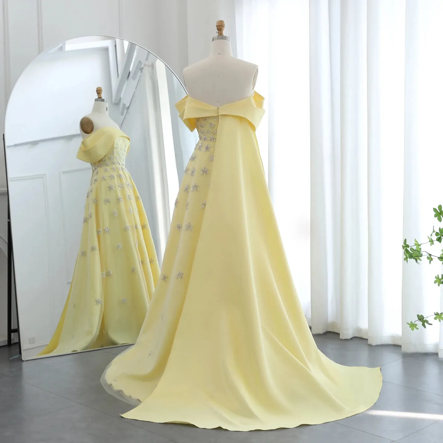 Yellow Satin Evening Gown with Cape