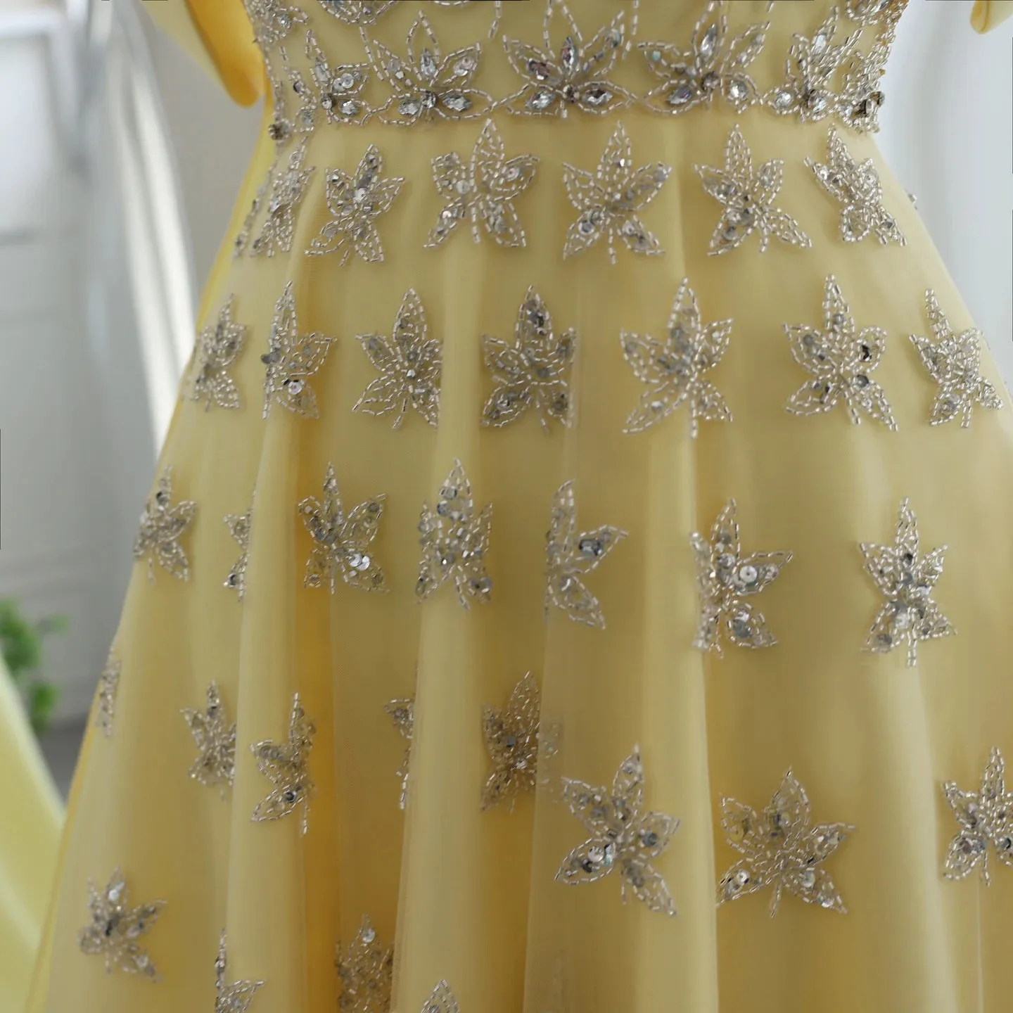 Yellow Satin Evening Gown with Cape
