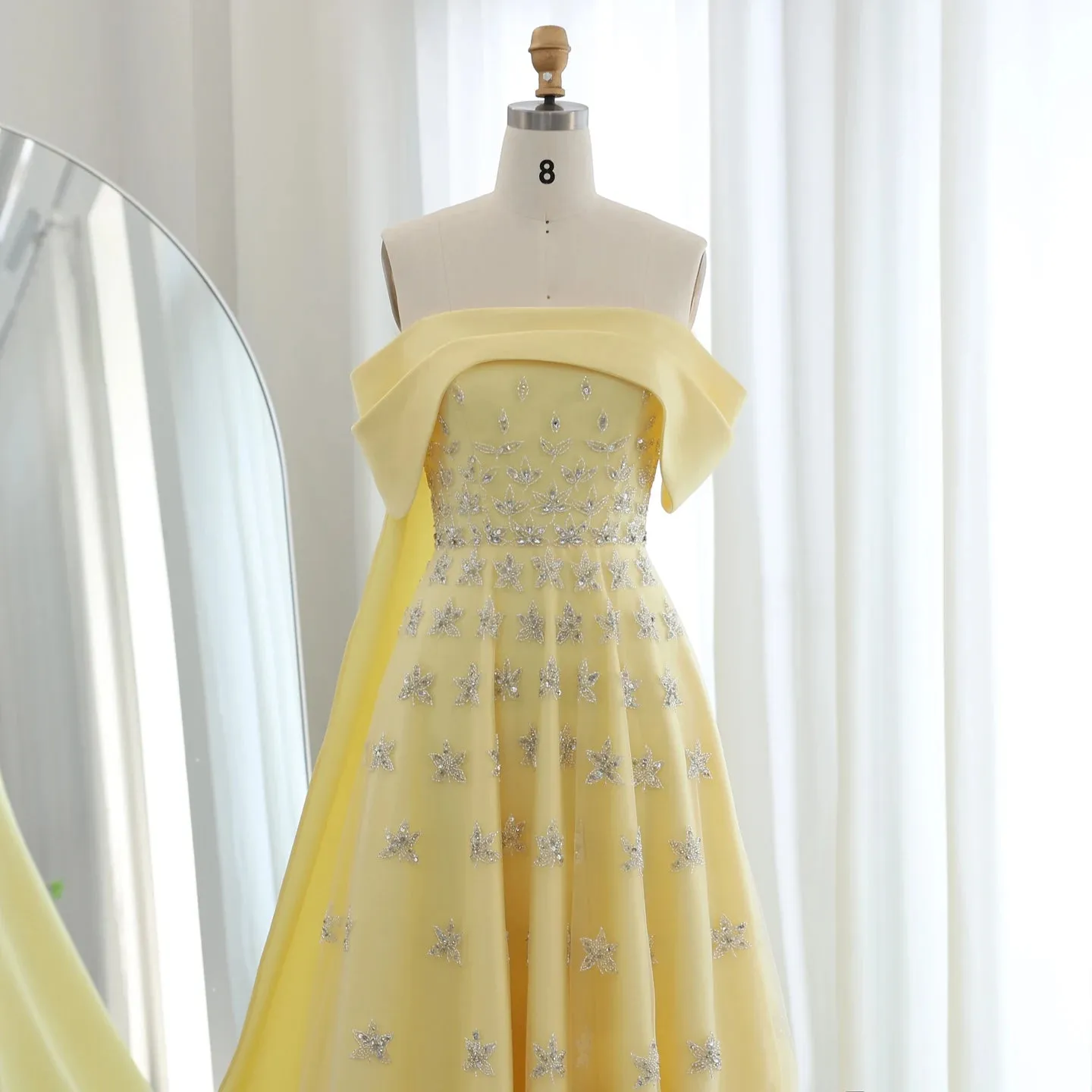 Yellow Satin Evening Gown with Cape