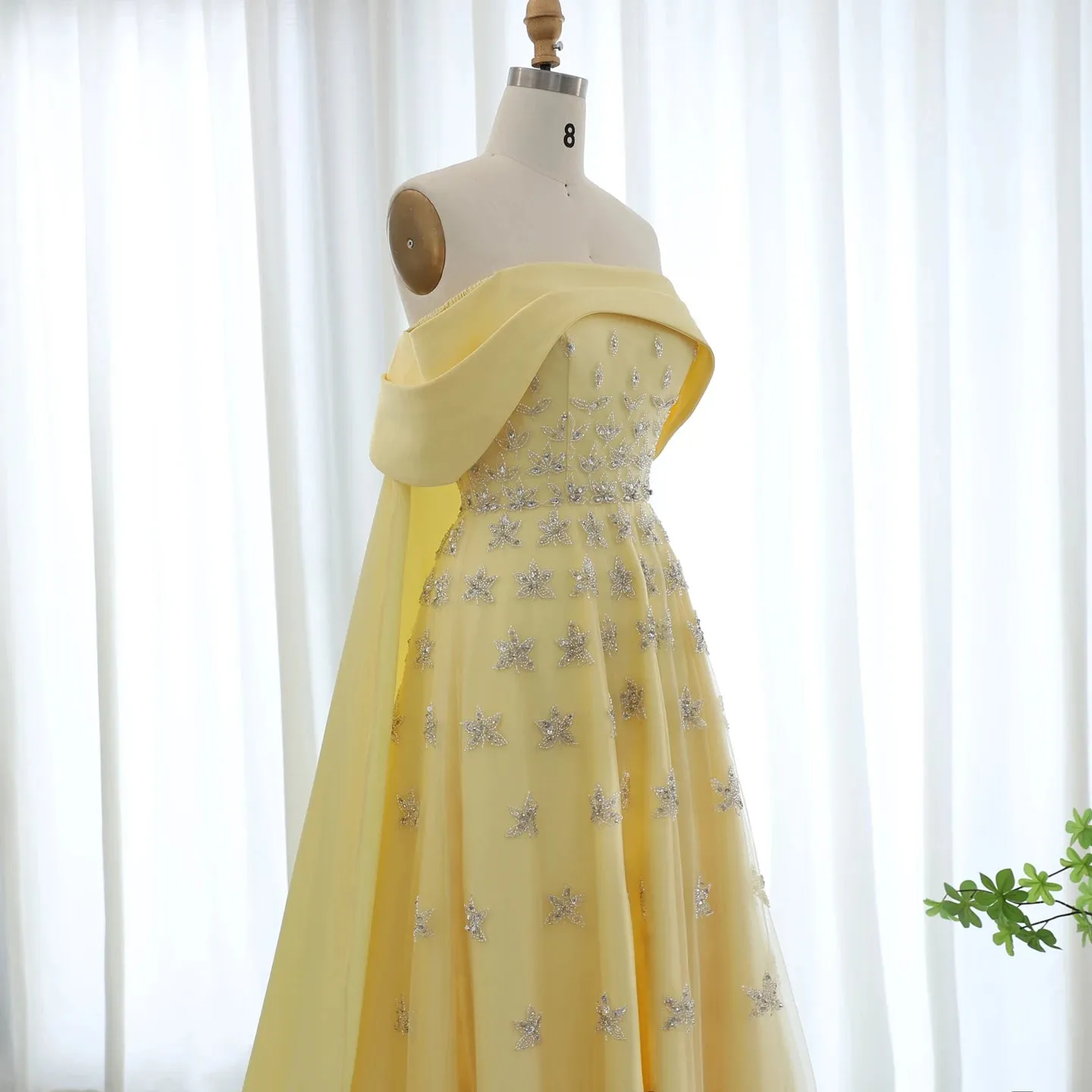 Yellow Satin Evening Gown with Cape