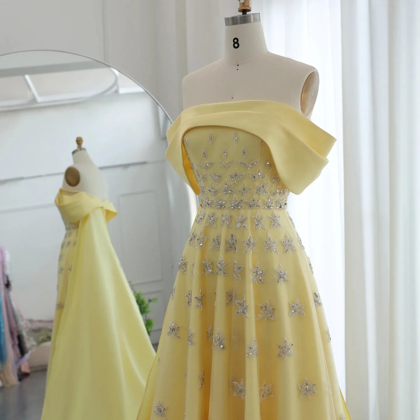Yellow Satin Evening Gown with Cape