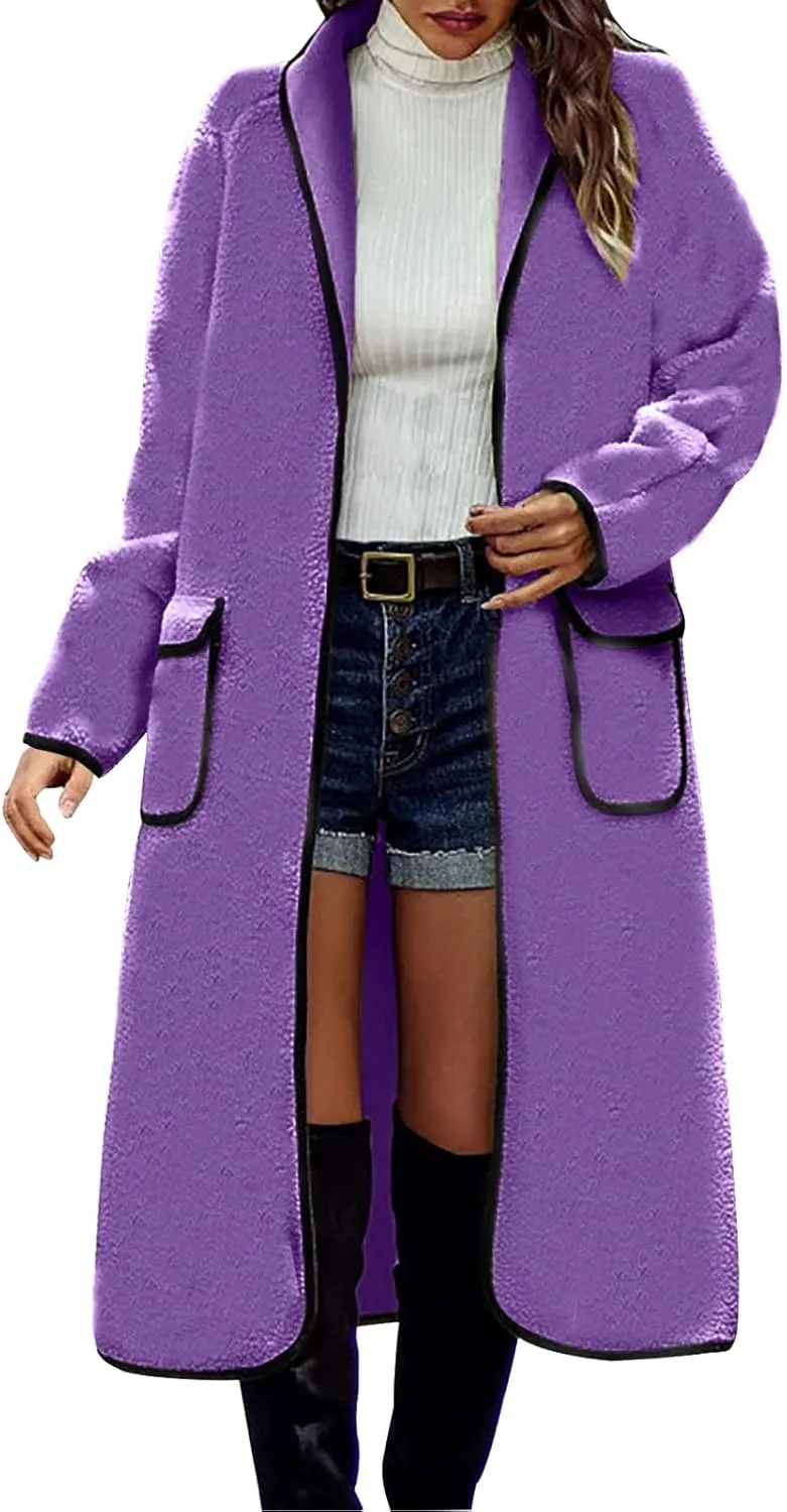 YRAETENM Long Winter Coats for Women Plus Size Warm Wool Blend Pea Coats Mid Long Lapel Open Front Trench Coats with Pockets