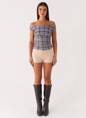 Zahli Off Shoulder Top - Shoreline Check Zahli Off Shoulder Top - Shoreline Check