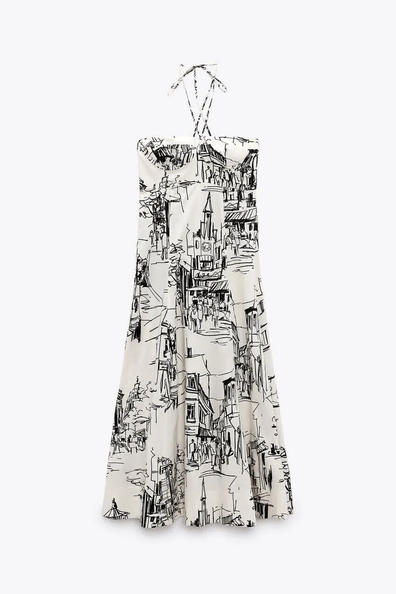 Zara Ivory & Black City Sketch Midi Dress