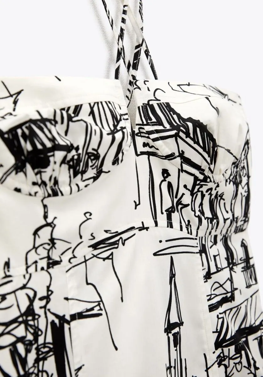 Zara Ivory & Black City Sketch Midi Dress