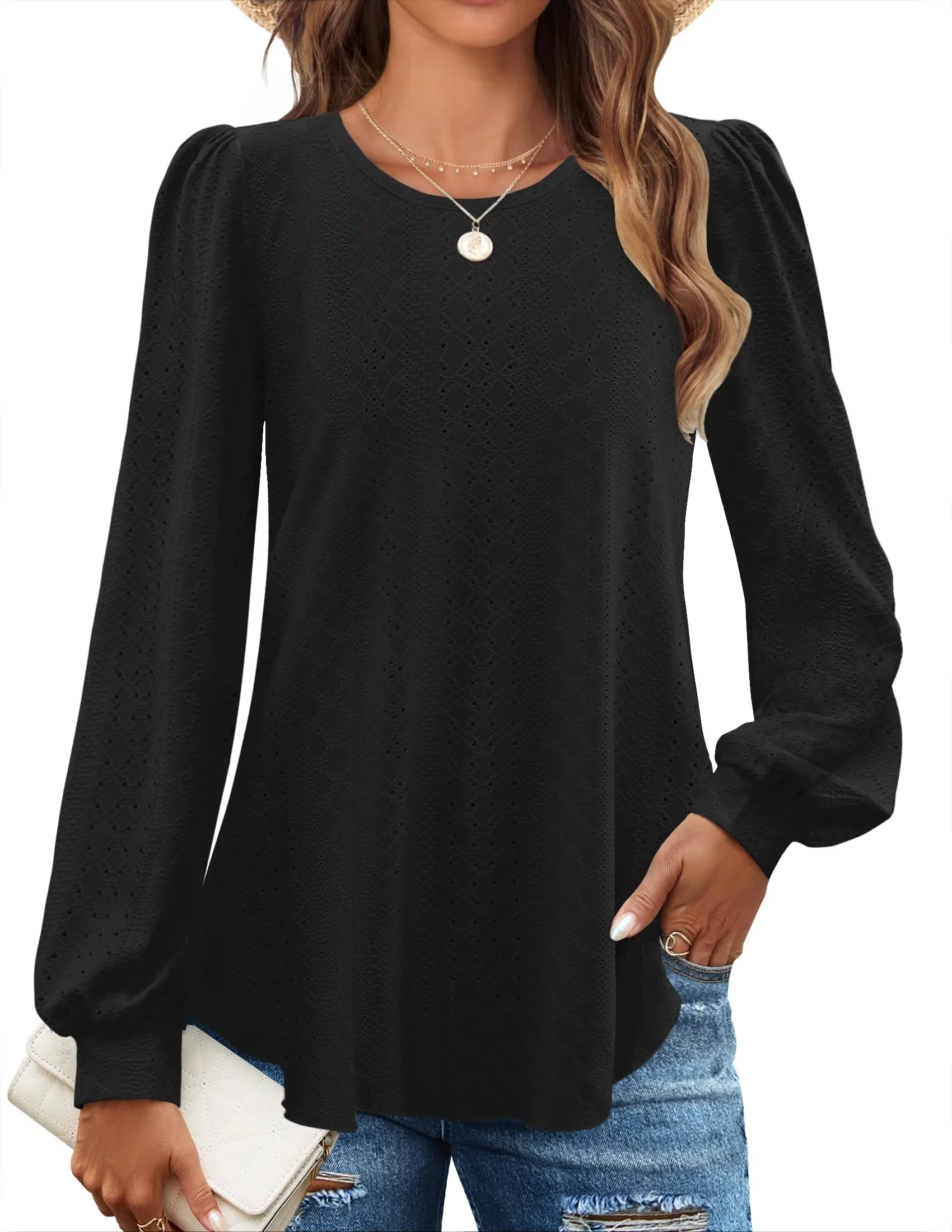 ZESICA Crew Neck Fall Shirts Casual Loose Blouses Tops