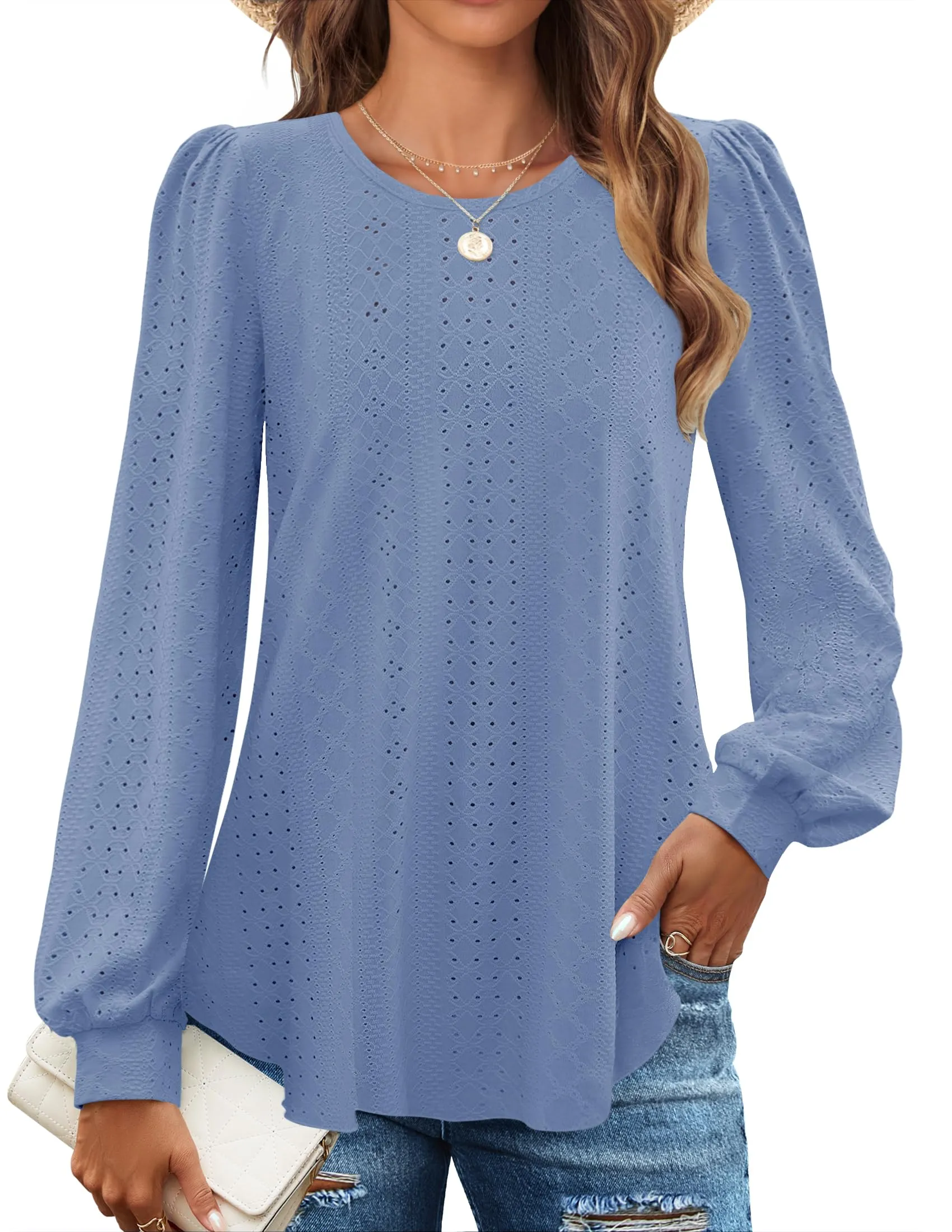 ZESICA Crew Neck Fall Shirts Casual Loose Blouses Tops