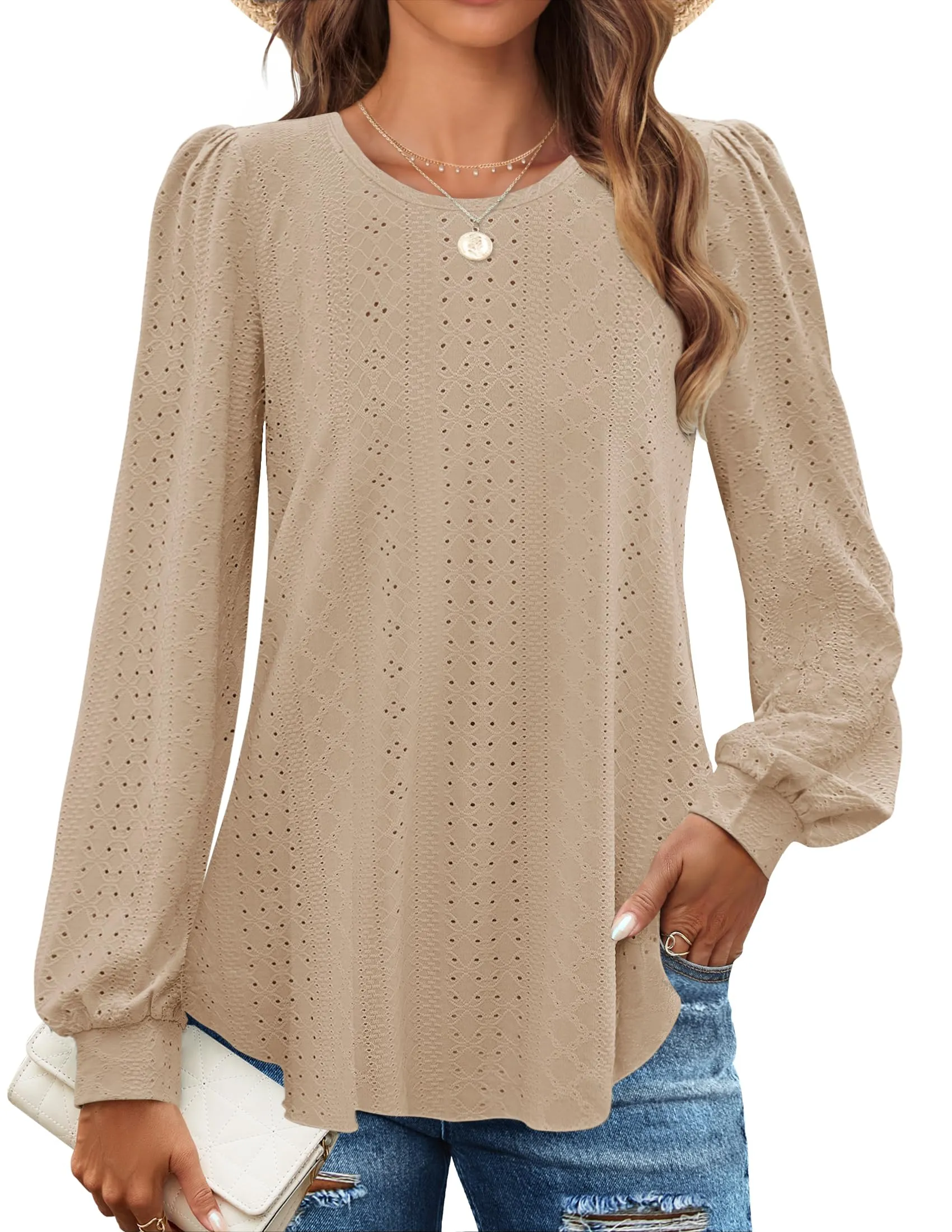 ZESICA Crew Neck Fall Shirts Casual Loose Blouses Tops