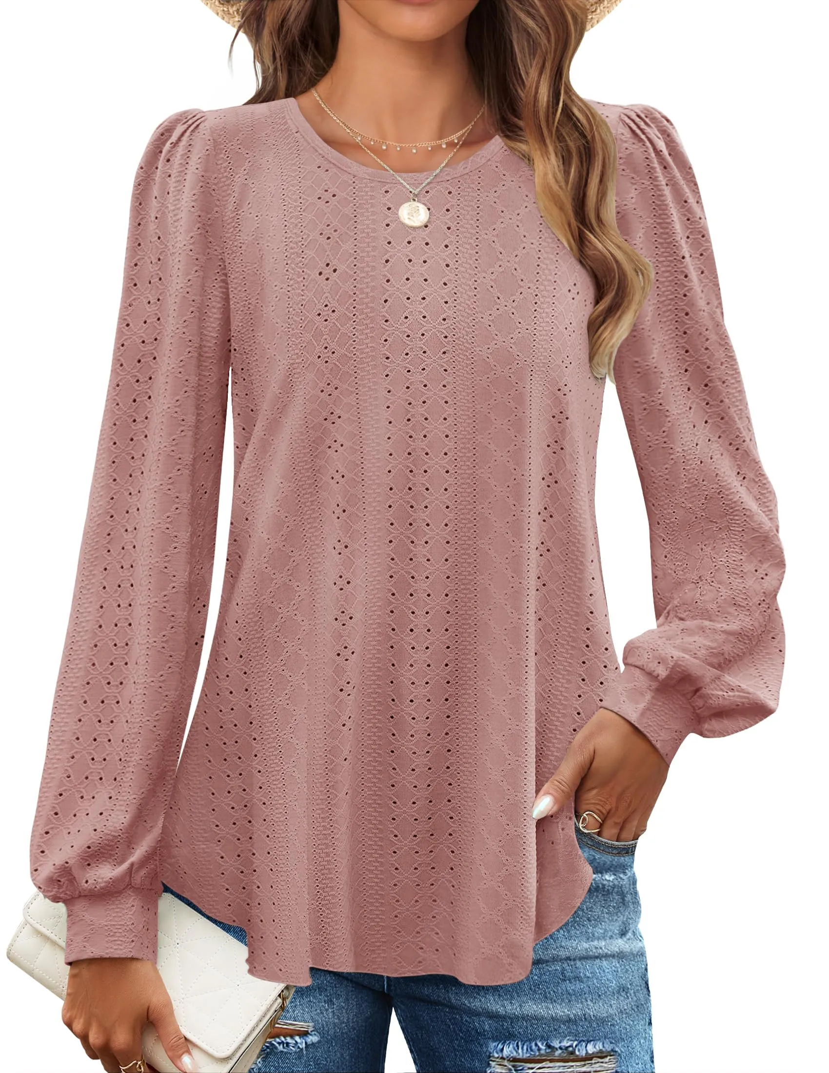 ZESICA Crew Neck Fall Shirts Casual Loose Blouses Tops