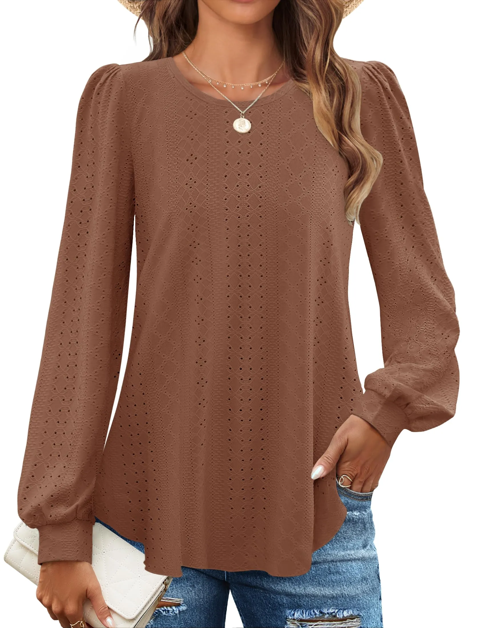 ZESICA Crew Neck Fall Shirts Casual Loose Blouses Tops