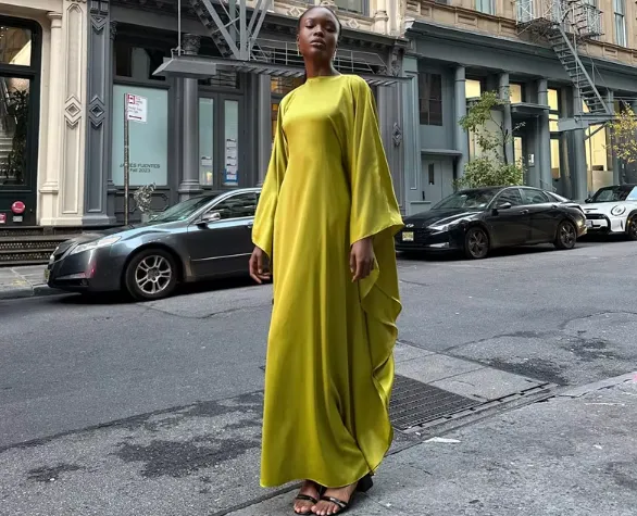 Zeyna - Satin silk dress with cape sleeves